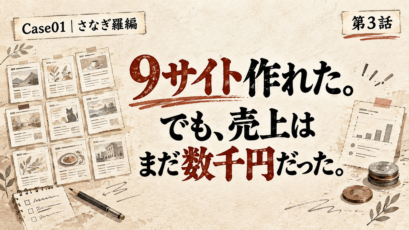 【Case01｜さなぎ羅編・第3話】9サイト作れた。でも、売上はまだ数千円だった。